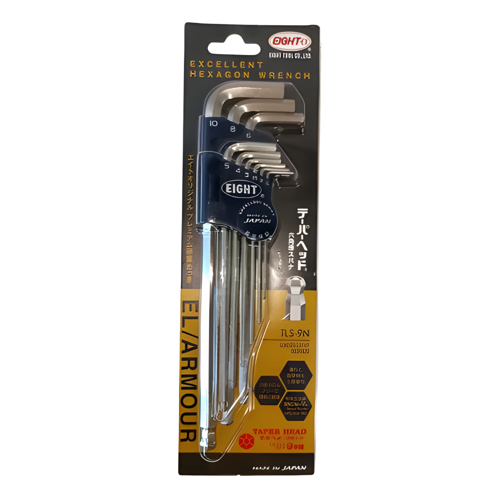 Eight 9pc. Extra Heavy Duty Long Arm Taper Head Ball End Hex Allen Key Wrench Set in Plastic Caddy 1.5 to 10mm TLS-9N Made in Japan - Image 2