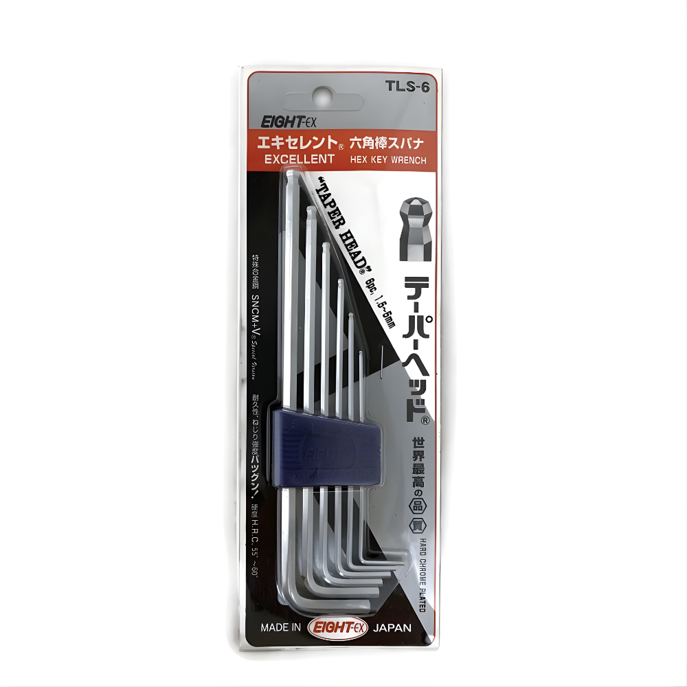 Eight 6pcs. Extra Heavy Duty Long Arm Taper Head Hex Allen Key Wrench Set in Plastic Caddy 1.5 to 5mm TLS-6 Made in Japan