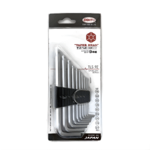 Eight 9pc. Extra Heavy Duty Long Arm Taper Head Hex Allen Key Wrench Set in Plastic Caddy 1/16″ to 3/ 8″ TLS-9Z Made in Japan