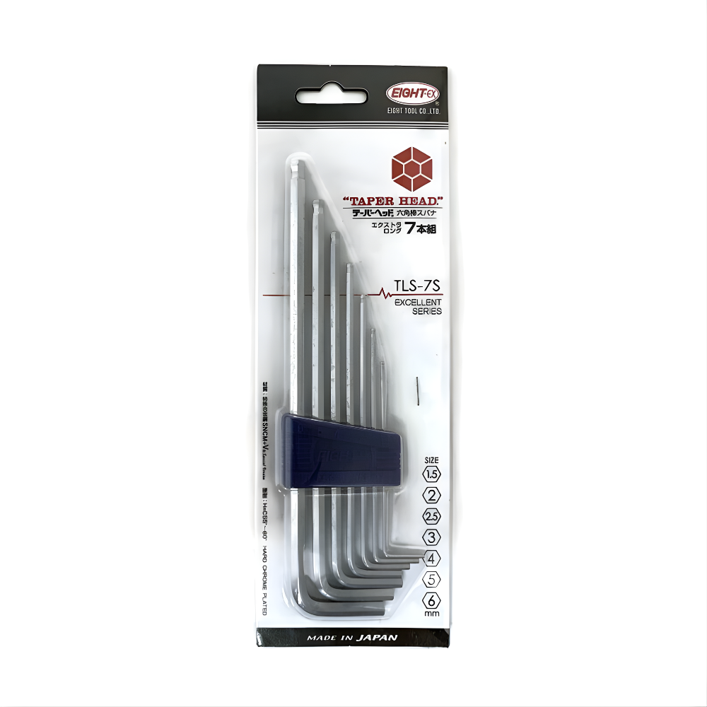 Eight 7pc. Extra Heavy Duty Long Arm Taper Head Hex Allen Key Wrench Set in Plastic Caddy 1.5 to 6mm TLS-7S Made in Japan
