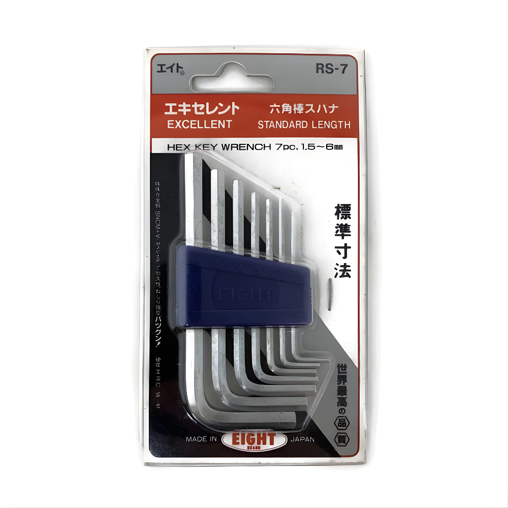 Eight 7pc. Extra Heavy Duty Hex Allen Key Wrench Set in Plastic Caddy 1.5 to 6mm RS-7 Made in Japan