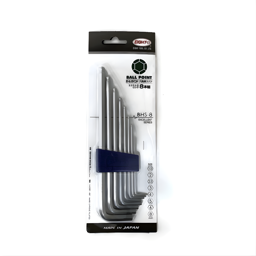 Eight 8pc. Extra Long Arm Ball Point Hex Allen Key Wrench Set in Plastic Caddy 1.5 to 8mm BHS-8 Made in Japan