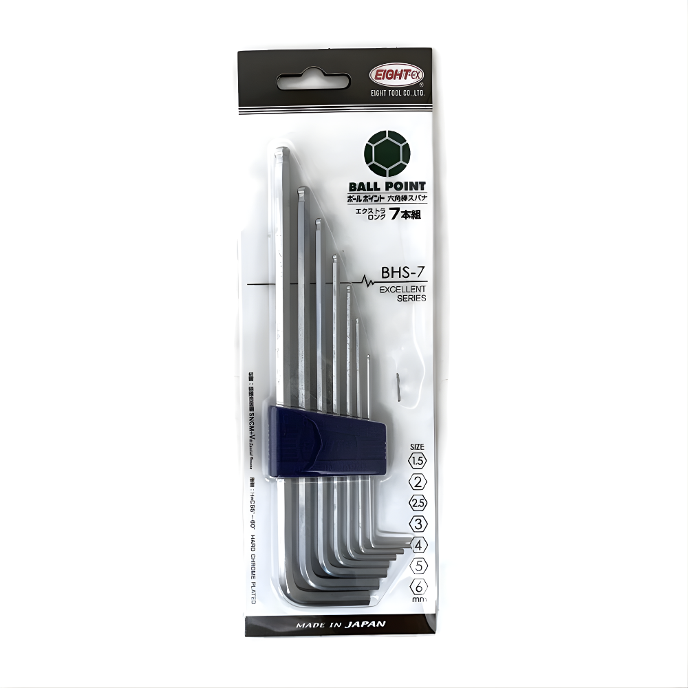 Eight 7pc. Extra Long Arm Ball Point Hex Allen Key Wrench Set in Plastic Caddy 1.5 to 6mm BHS-7 Made in Japan
