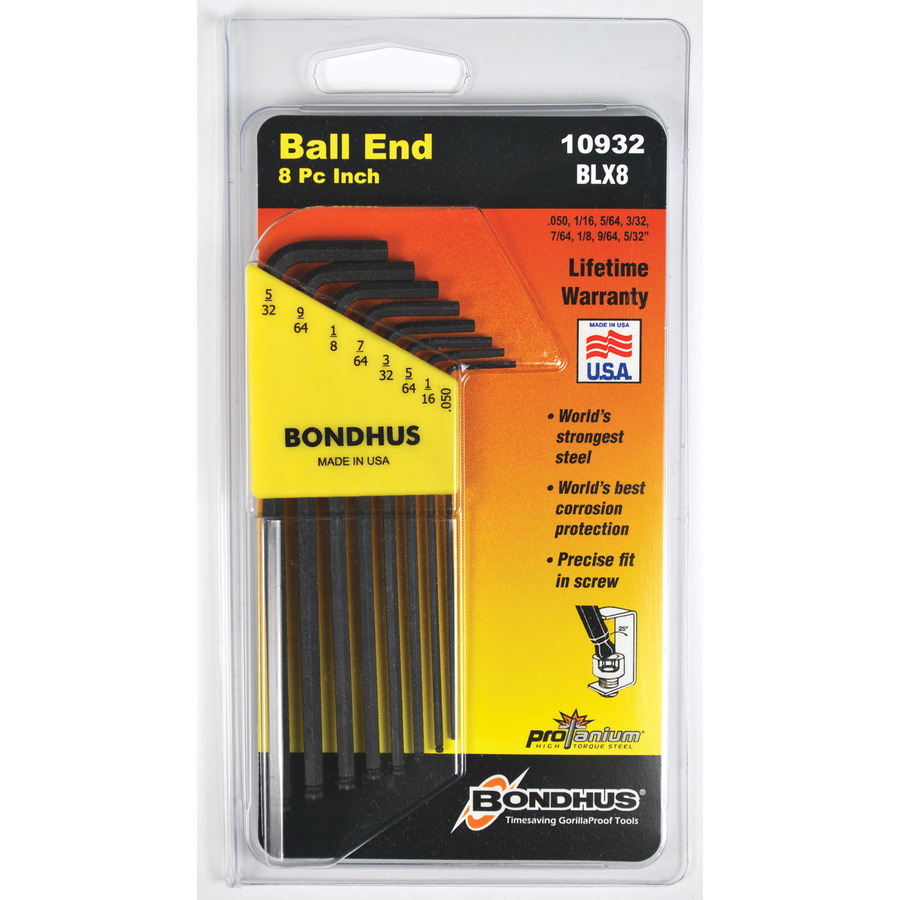 8pc. Bondhus 10932 Ballpoint Long Allen Wrench 0.050" to 5/32" BLX8 Made in USA