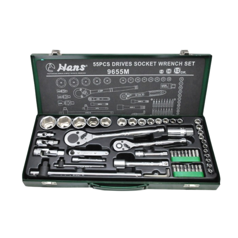 Hans 9655M 1/4", 3/8", 1/2" Drive 55pcs. Socket Wrench Set (6pts)